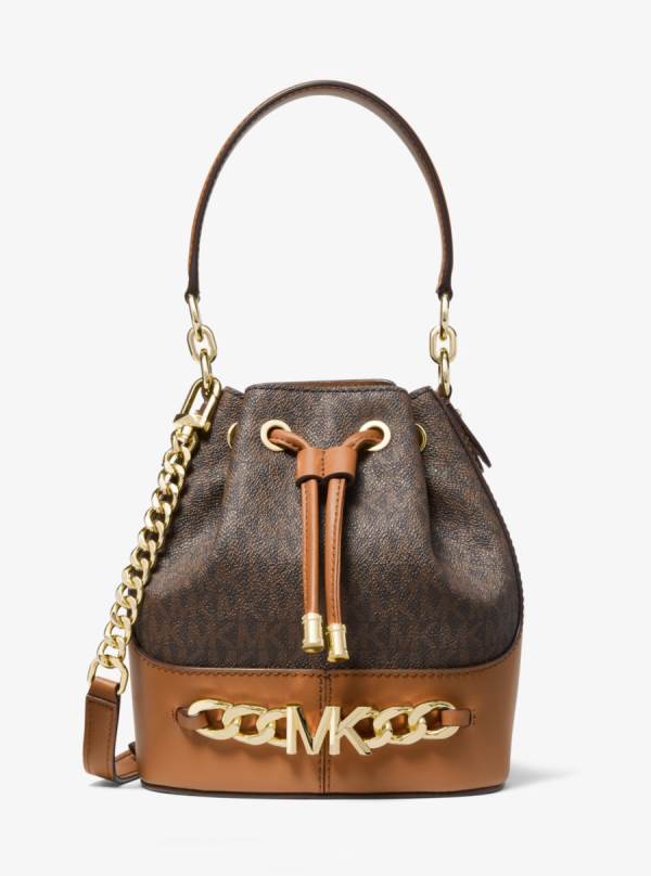 Damske Prenosná Taška Michael Kors Devon Small Two-Tone Logo Bucket Čokoláda Žlté - Kabelky Michael Kors Obchod | QRZYS-0583